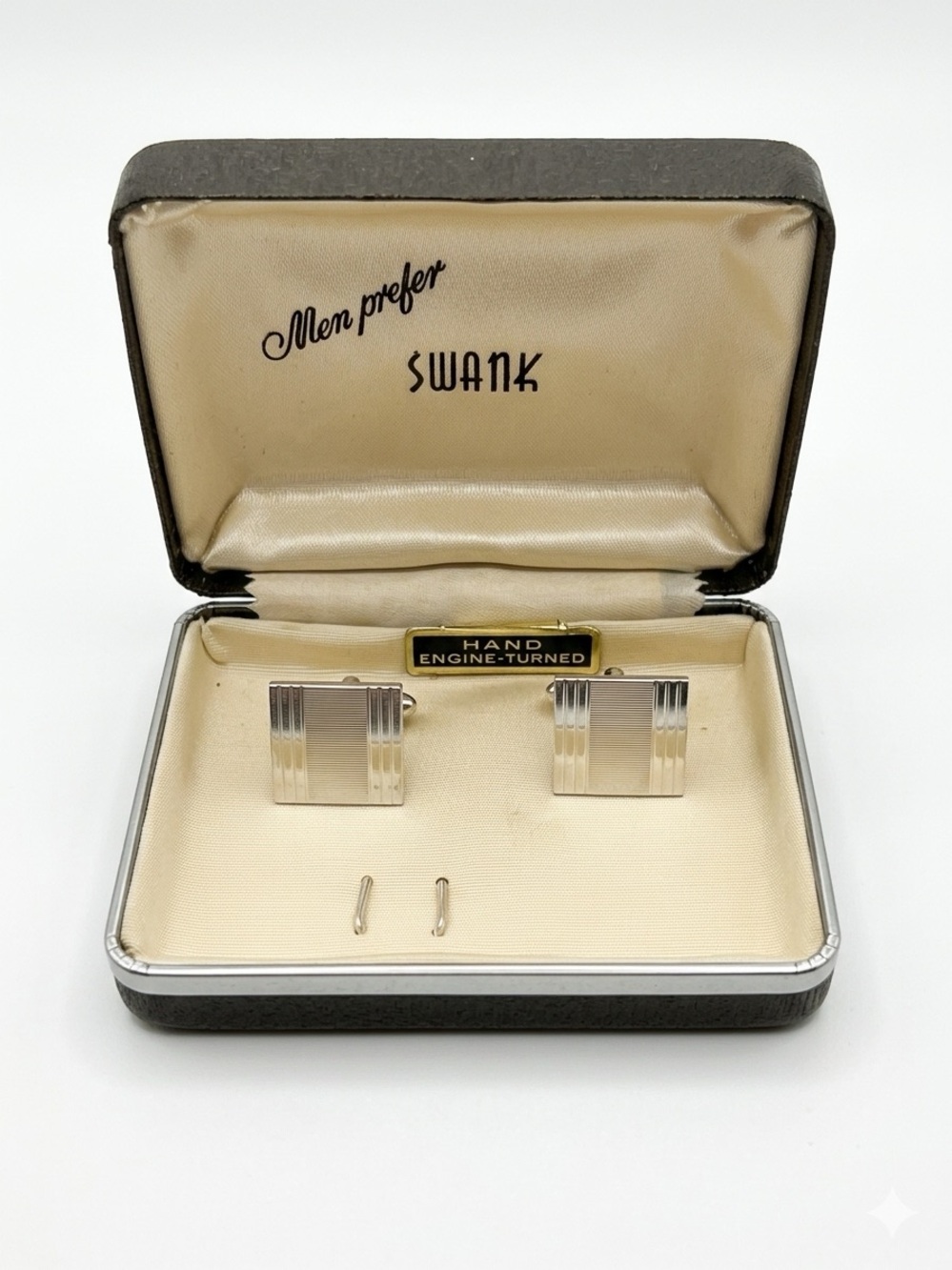Vintage Mid-Century Modern SWANK Silver Engine-Turned Rectangular Cufflinks